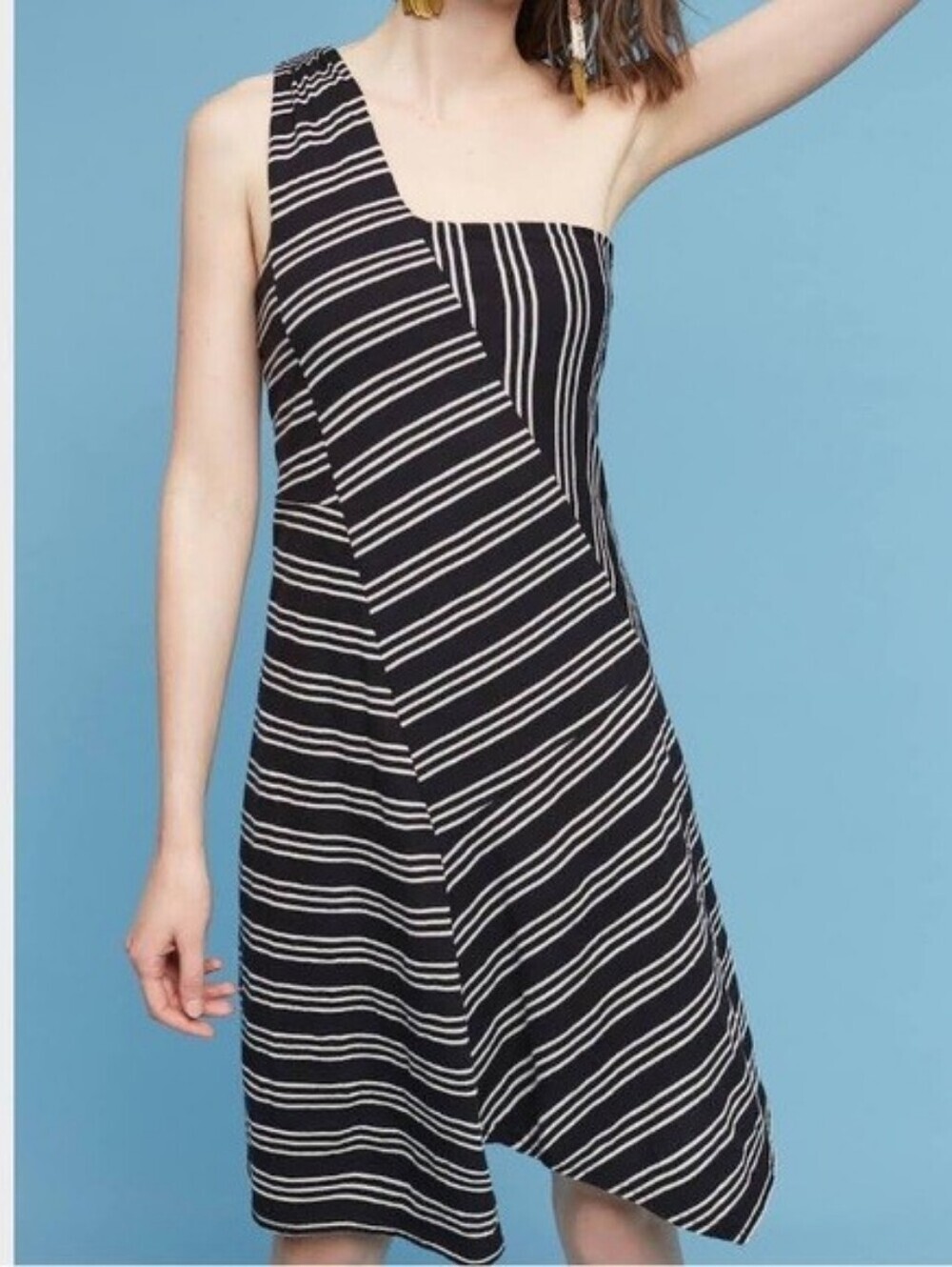 NWT Maeve Black and White Striped One-Shoulder Dress..Size:M